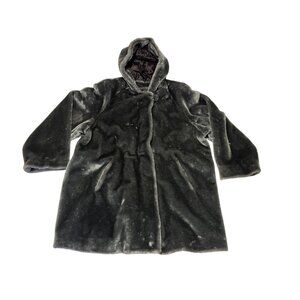 Dennis Basso 2XL Black Faux Fur Hooded Coat With Satin Lining & Zip Closure